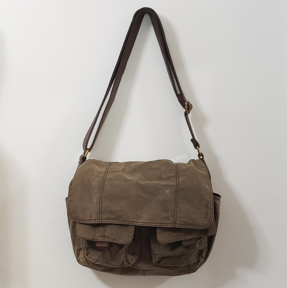 Fossil Men's Olive Canvas Laptop Messenger Bag